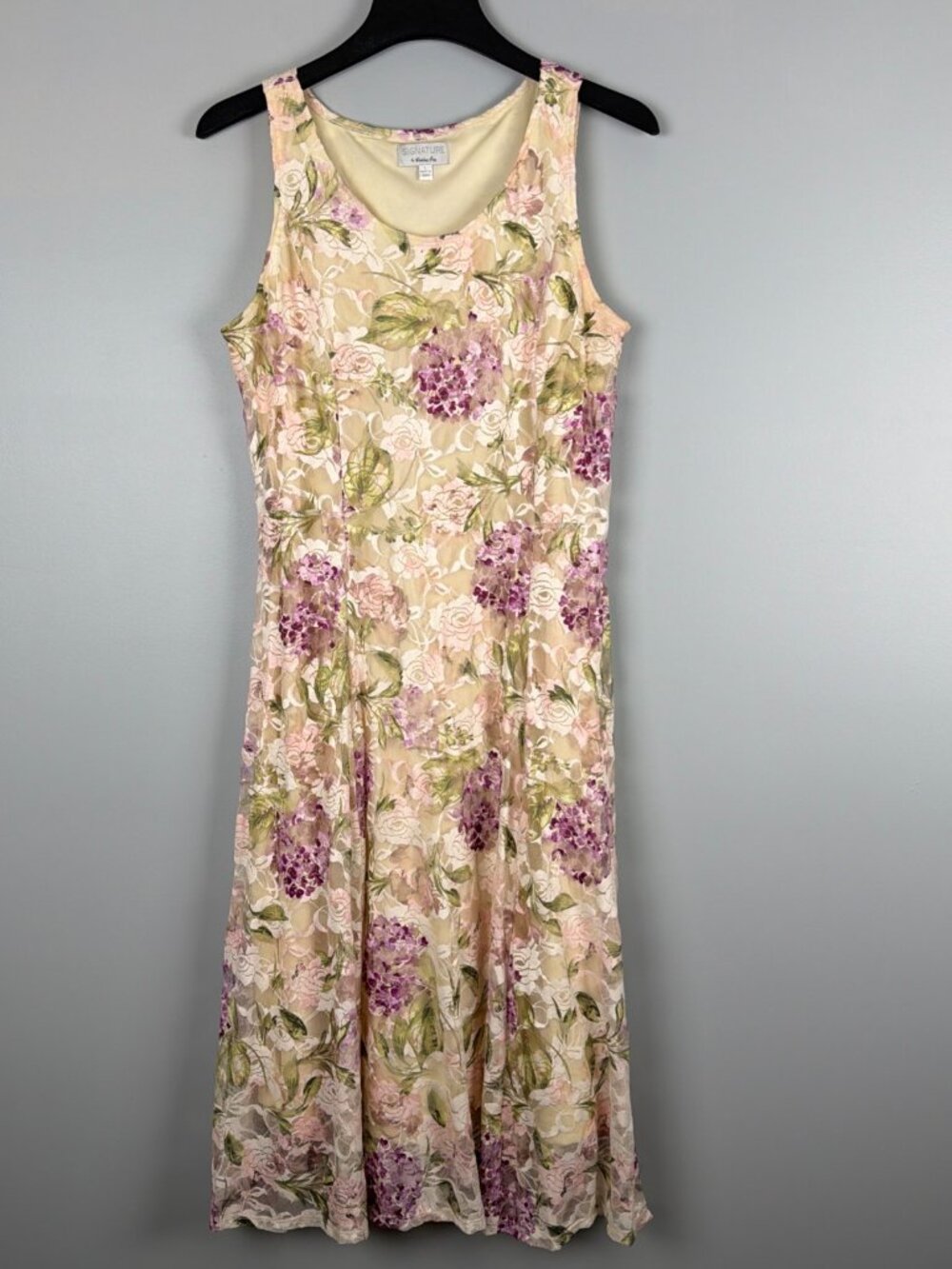 Signature by Robbie Bee Lace Dress Womens L Ivory Purple Floral Garden Party